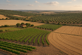 Paisaje agrícola con viñedos, olivos y campos de cereal, representando la diversidad de activos en la valoración de carteras agrarias.