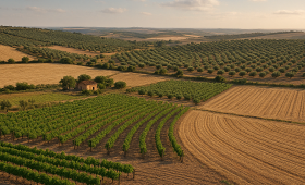 Paisaje agrícola con viñedos, olivos y campos de cereal, representando la diversidad de activos en la valoración de carteras agrarias.