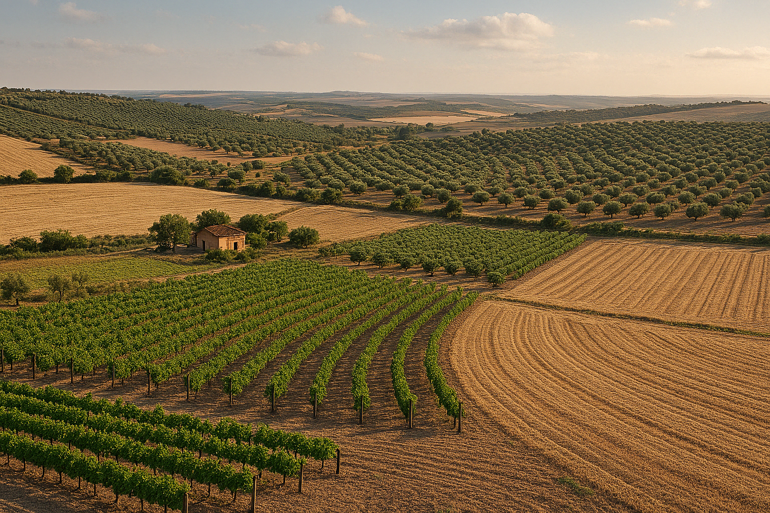 Paisaje agrícola con viñedos, olivos y campos de cereal, representando la diversidad de activos en la valoración de carteras agrarias.